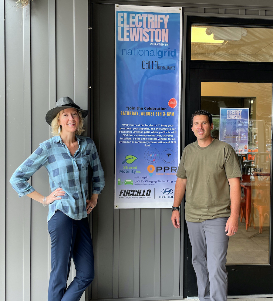 Whitney Skeans, senior program manager of National Grid's EV make-ready program, is shown with Michael Hibbard, owner of Gallo Restaurants. `Electrify Lewiston` is scheduled for Aug. 6 at the Village of Lewiston restaurant. (Submitted photo)