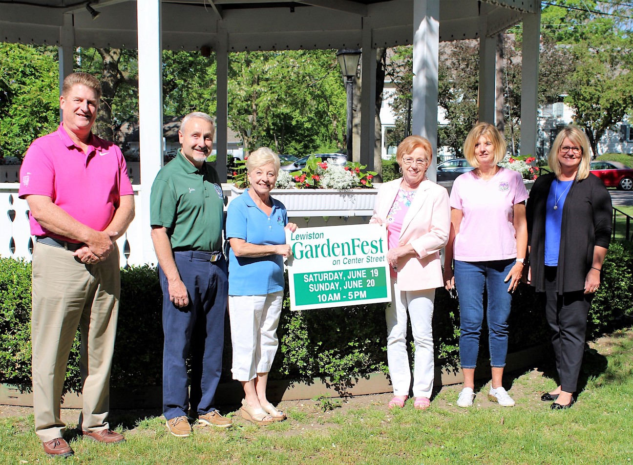 Lewiston Garden Club members reviewed plans for GardenFest 2021 with three of the sponsors for the event that will be held on June 19 and 20. Shown in the photo, from the left, are Town Lewiston of Supervisor Steve Broderick, Councilman John Jacoby, GardenFest grant writer Barbara Carter, Village of Lewiston Mayor Anne Welch, GardenFest Chairwoman Judy Talarico, and Kirsti Hunt, vice president of human resources for Modern Corporation. (Photo by Robert Albee)