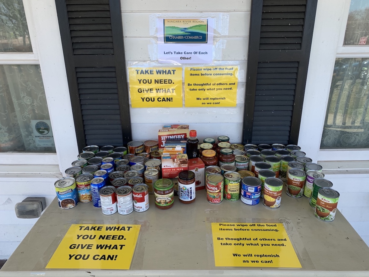 The Niagara River Region Chamber of Commerce has a give or take food table on the office's front porch. `Take what you need, give what you can,` President Jennifer Pauly said. `Let's all take care of each other.`