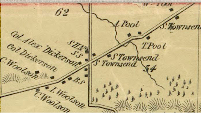 A portion of an early 19th century map of Dickersonville. The road running east-west was The Niagara Road - now Route 104 - and north-south is Dickersonville Road.
