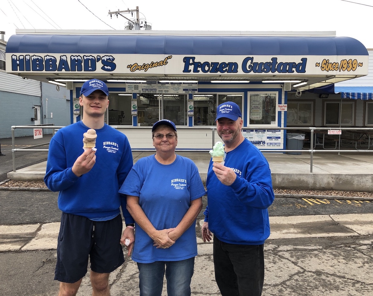 Pictured, in front of Hibbard's Original Frozen Custard on opening day, are Dylan Milbrand, Robin Haskell and Dan Buchner. They're joined in the photos below by Kris (Hibbard) Trunzo.