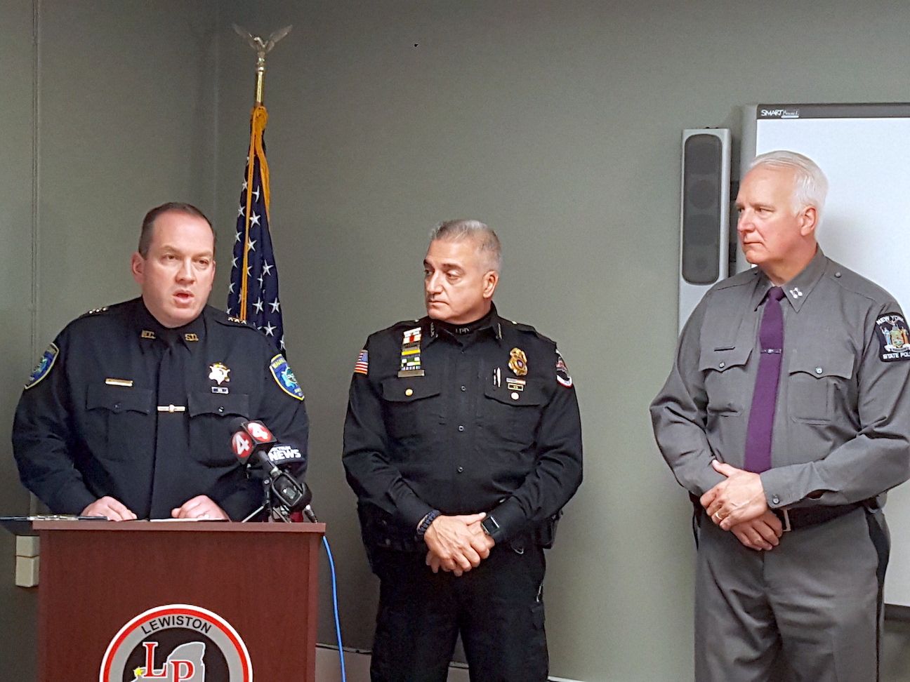 From left, Acting Niagara County Sheriff Michael Filicetti discusses the shooting incident as Lewiston Police Chief Previte and New York State Police Capt. David B. Forsyth Jr. look on. (Photo by Terry Duffy.
