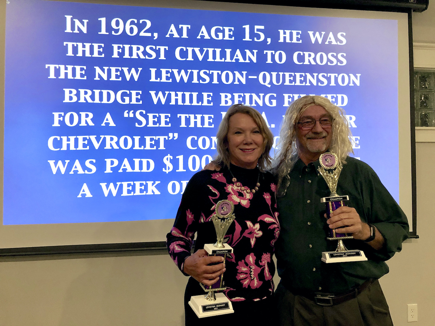 `Lewiston Jeopardy!` champions Sandy Blackwell Yates and Bruce Sutherland.