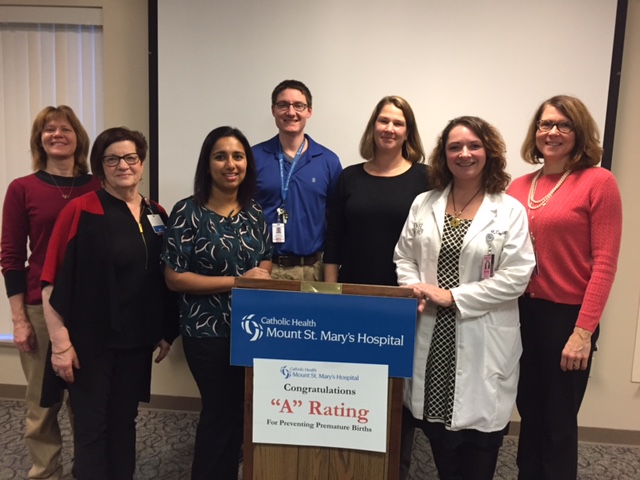 Celebrating excellence in preventing premature births are, from left: Dr. Judy Wesolowski, GYN; Karen Conlon, maternity manager; Dr. Rachel Weselak, OB/GYN; Dr. Joseph Andrezewski, OB/GYN; Darcy Dreyer of the March of Dimes; Maryann Cogdill, director of maternity; President/CEO Gary Tucker; and Aimee Gomlak, vice president of women's services for Catholic Health. Also participating in the program, but not in photo: Dr. Gianna McEvoy, OB/GYN.