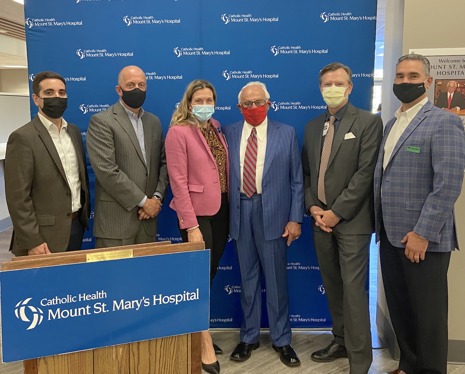 Pictured, from left: Mount St. Mary's Foundation Board Treasurer Robert Ingrasci, Vice Chair Anthony Eugeni, Executive Director Julie Berrigan, Russell Salvatore, Mount St. Mary's Hospital President CJ Urlaub, and Chair Joseph Ieraci.
