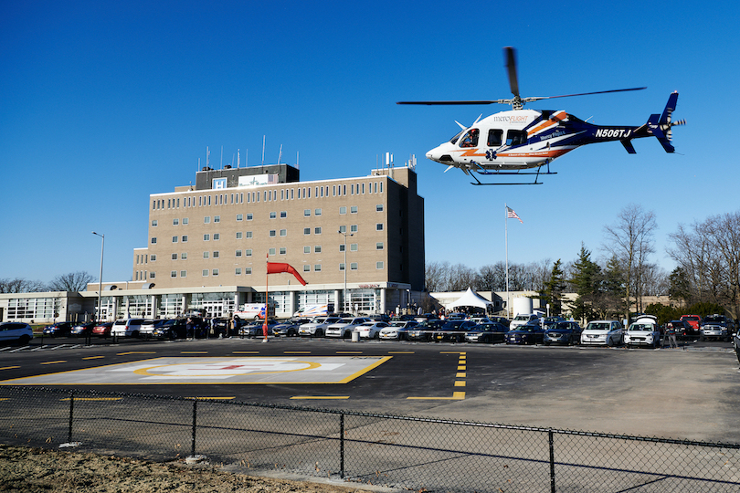 A Mercy Flight helicopter prepares to land at the new helipad in front of Mount St. Mary's Hospital in Lewiston. (Photos by Mark Williams Jr.)