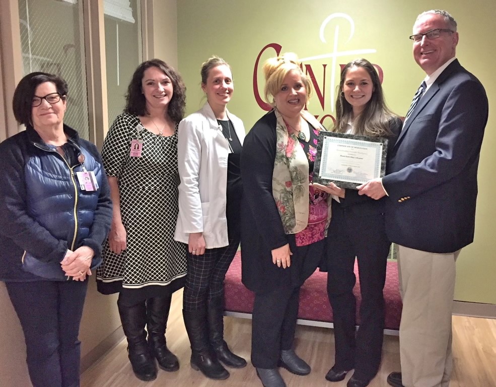From left: Karen Conlon, R.N., maternity department manager; Maryann Cogdill, R.N., maternity department director; Jessica Visser, R.N., vice president of patient care services; Gina Penque, IBCLC, RLC, Mount St. Mary's lactation coordinator; Elise Pignatora, MS, CLC, director of public health planning and emergency preparedness; and Daniel J. Stapleton, MBA, Niagara County public health director.