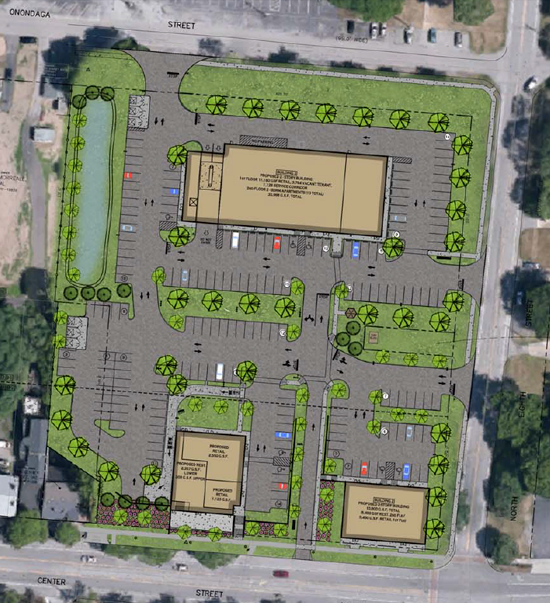Pictured is an artist's rendering of the Ellicott Development plaza. A new detention pond is shown in the top left corner. Below that is a newly configured parking area.