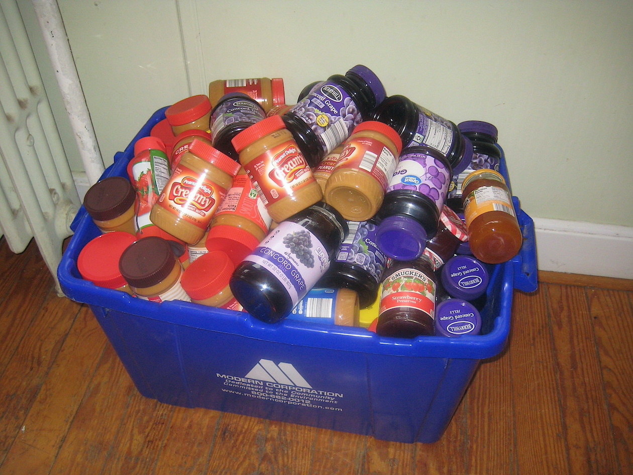 Shown are donations from last year's peanut butter and jelly drive at Marjim Manor.