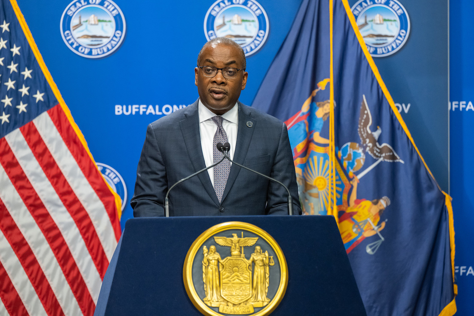City of Buffalo Mayor Byron Brown addresses the media and guests. (Photo by (Darren McGee/Office of Gov. Kathy Hochul)