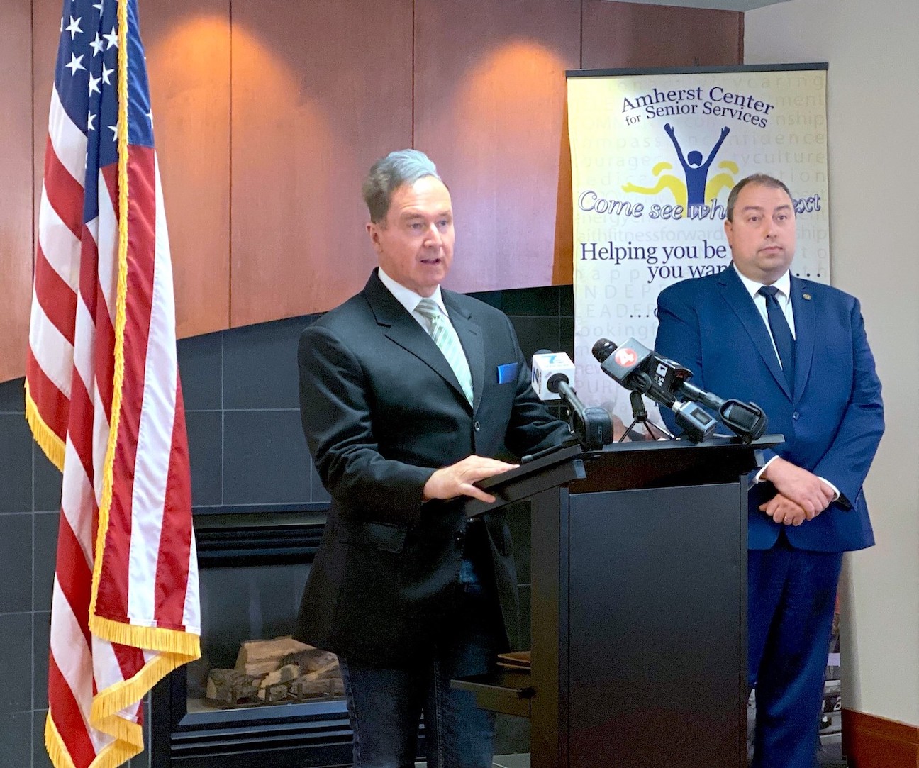 Congressman Brian Higgins addresses the media, as Town of Supervisor Brian Kulpa looks on. (Submitted photo)