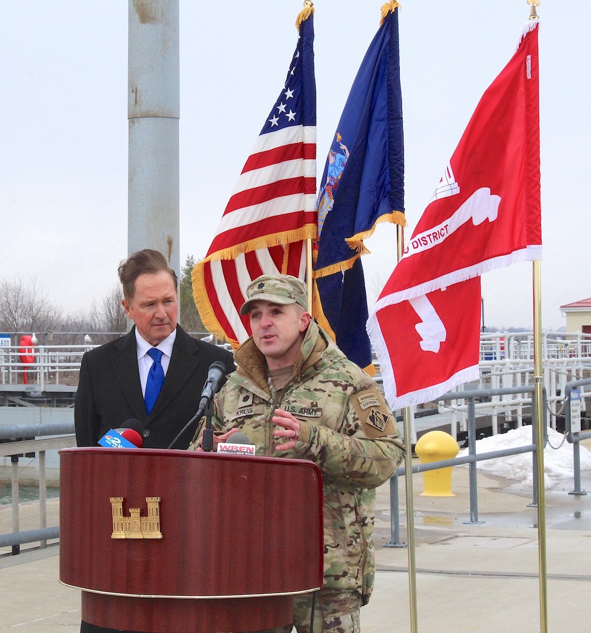 Congressman Brian Higgins listens as Lt. Col Colby Krug addresses the media. (Submitted photo)