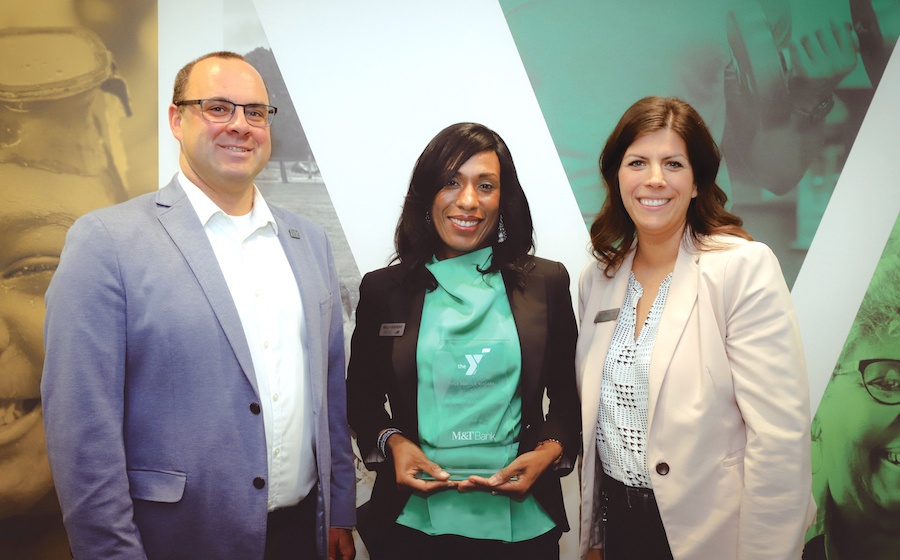 M&T Bank received the Stewart Partnership Award. Pictured, from left: John Ehrbar, president and CEO of YMCA Buffalo Niagara; Kelly Dockery, branch manager at M&T Bank; and Anne Musynske, head of retail banking in WNY at M&T Bank.