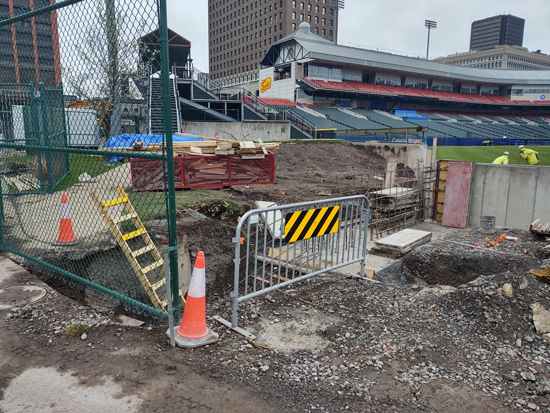 Construction is underway on the new wall for the bullpen behind the right-centerfield fence at Sahlen Field in Buffalo. (Photo by Michael J. Billoni)