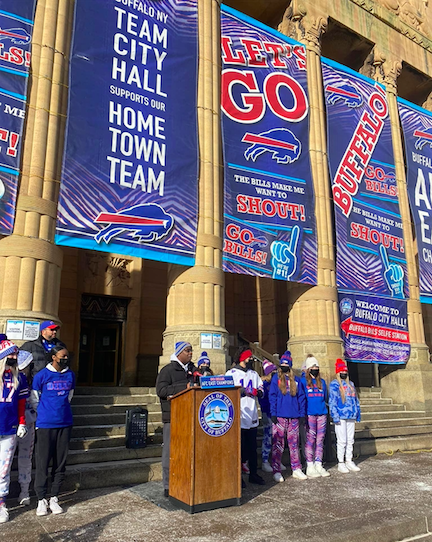 The Buffalo Bills banners at City Hall. (Photo provided by the Office of Mayor Byron Brown)