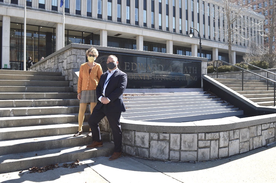 Erie County Health Commissioner Dr. Gale Burstein joins Commissioner of Public Works William Geary outside of the Edward A. Rath county office building in downtown Buffalo. The commissioners were recently honored by the American Public Works Association New York Chapter Western Branch for their leadership and public service in 2020.