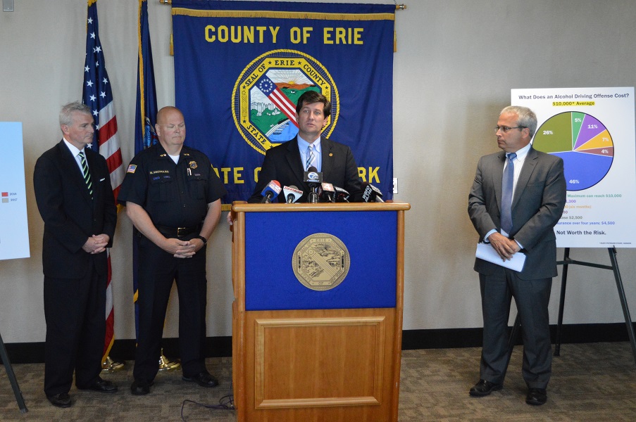 Erie County Executive Mark C. Poloncarz (at podium) is joined by Erie County Commissioner of Central Police Services James Jancewicz (right) along with Town of Orchard Park Police Chief Mark Pacholec and Director of the Erie County STOP-DWI Office John Sullivan to review driving while intoxicated incidents during the summer months across Erie County.