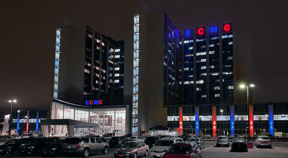 The iconic ECMC tower lights illuminated in Buffalo Bills colors. (Photo courtesy of ECMC)