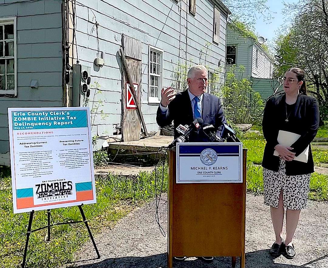 Erie County Clerk Michael P. Kearns and the Western New York Law Center released a report produced by the Erie County Clerk's Zombies Task Force revealing $112 million in delinquent property taxes on thousands of properties throughout Erie County. (Submitted photo)