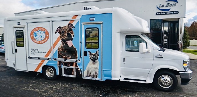 The `PAWS Truck` showcases animals available for adoption through the City of Buffalo Animal Shelter. (Images by Herzog/provided by Office of City of Buffalo Mayor Byron Brown)