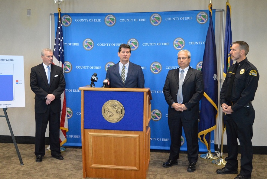Erie County Executive Mark C. Poloncarz (at podium) provided an update on DWI arrests in Erie County in 2018 and to promote safe driving around the upcoming Thanksgiving holiday.