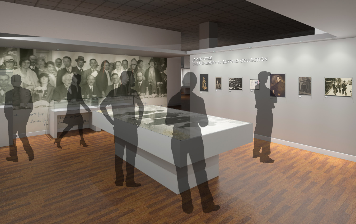 A visual rendering of the UB James Joyce Museum in Abbott Hall on the UB South Campus that helps conceptualize the exhibit space. (University at Buffalo image)