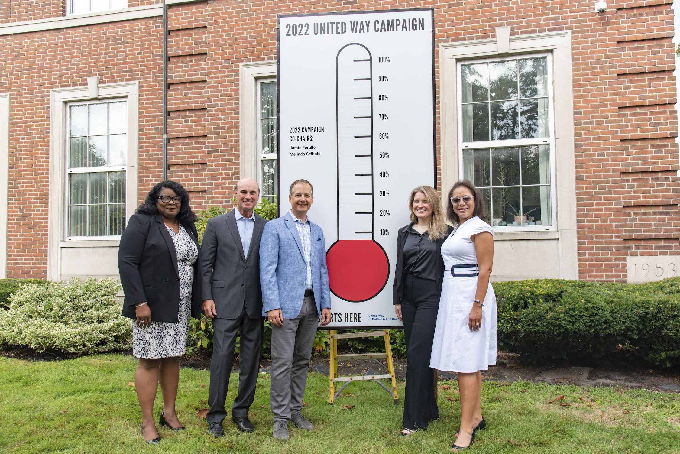 Pictured: UWBEC Chief Operating Officer Trina Burruss, UWBEC President and CEO Michael Weiner, 2022 UW campaign co-chair Jamie Ferullo, 2022 UW campaign co-chair Mindy Seibold, and UWBEC Board Chair the Rev. Rachelle Sat'chell Robinson. (Image courtesy of United Way of Buffalo & Erie County)