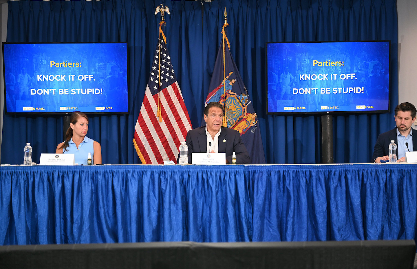 Gov. Andrew M. Cuomo holds a coronavirus briefing before departing New York's John F. Kennedy International Airport for a COVID-19 mission to Savannah, Georgia, on Monday. Cuomo will be meeting Savannah Mayor Van R. Johnson this afternoon. (Photo by Kevin P. Coughlin/Office of Gov. Andrew M. Cuomo)