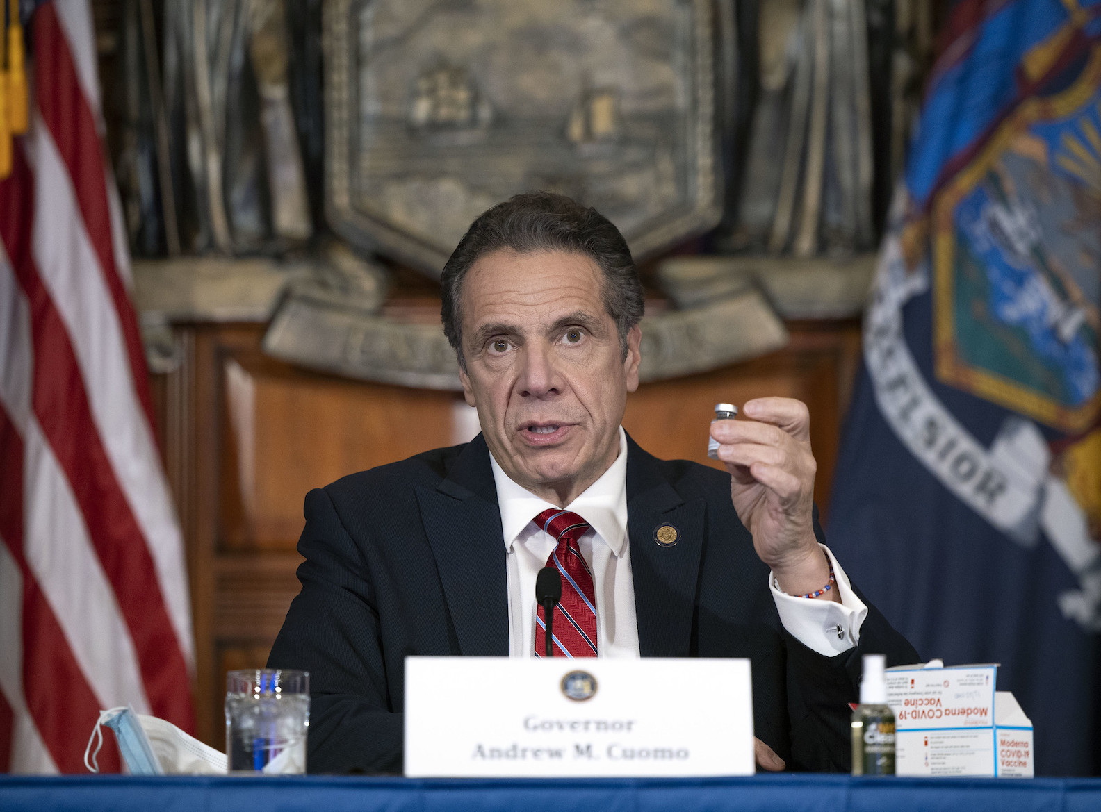 Gov. Andrew Cuomo, shown holding a Moderna COVID-19 vaccination vial during Wednesday's press conference, said plans are underway to try and allow Buffalo Bills fans to attend a home playoff game. (Image by (Mike Groll/Office of Gov. Andrew M. Cuomo)