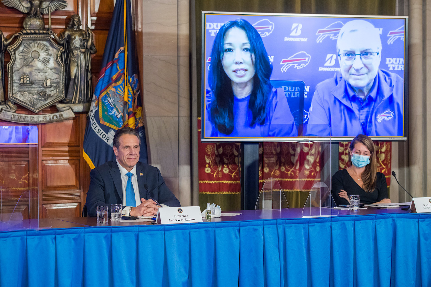 Gov. Andrew Cuomo joined with Buffalo Bills owners Terry and Kim Pegula to announce a pilot program for limited seating up 6,700 fans to be allowed at Bills Stadium in upcoming Buffalo Bills home playoff game. (Photo by Darren McGee/Office of Gov. Andrew M. Cuomo)