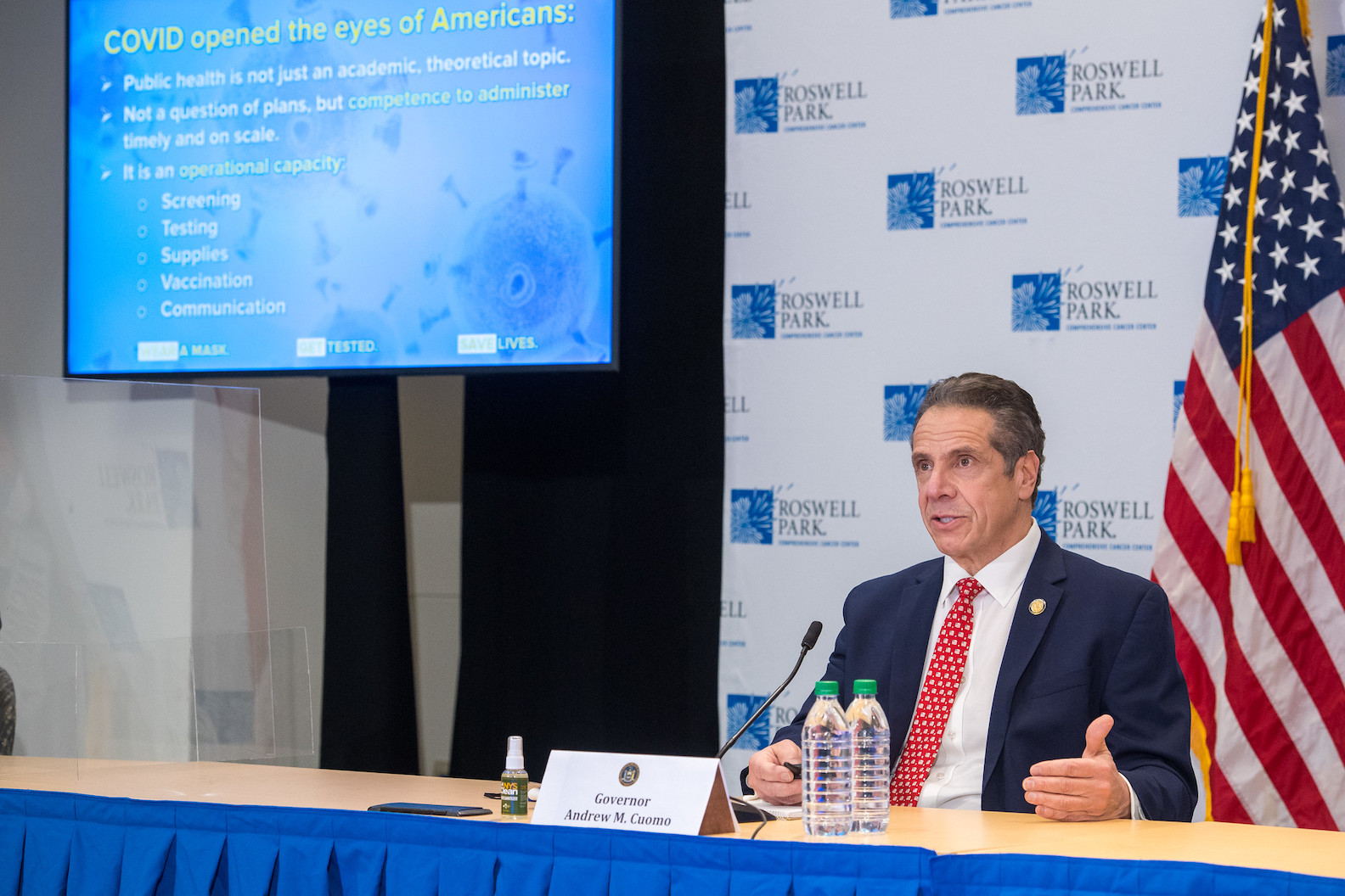 Gov. Andrew Cuomo held a COVID-19 press briefing update at Roswell Park in Buffalo on Monday. He was joined by Lt. Gov. Kathy Hochul (Photos by Darren McGee/Office of Gov. Andrew M. Cuomo; graphics also courtesy of the governor's office)