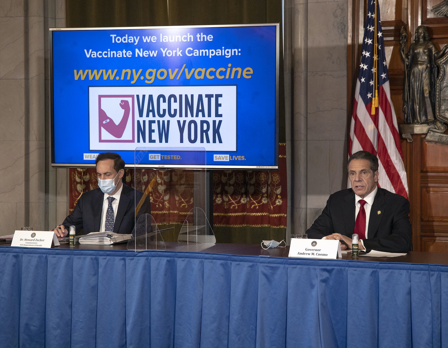 Gov. Andrew Cuomo provides a coronavirus update from the Red Room at the State Capitol. To his right is New York State Health Commissioner Howard Zucker. (Photo by Mike Groll/Office of Gov. Andrew M. Cuomo)
