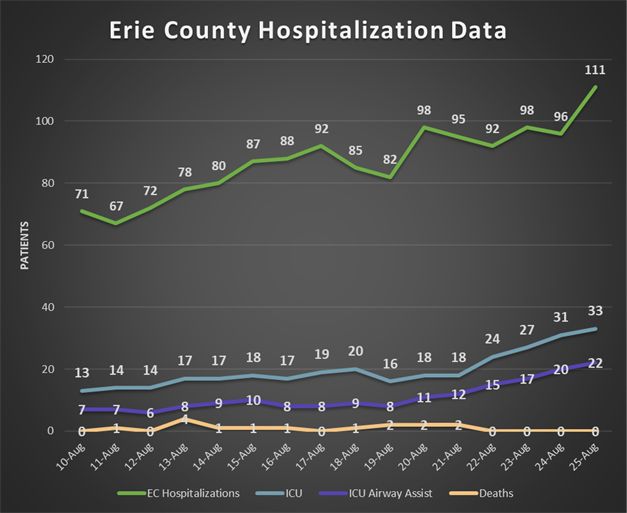 Chart: Erie County Hospitalization Data, past two weeks (Aug. 10-25, 2021). Data sources: New York State Department of Health and Erie County hospitals.