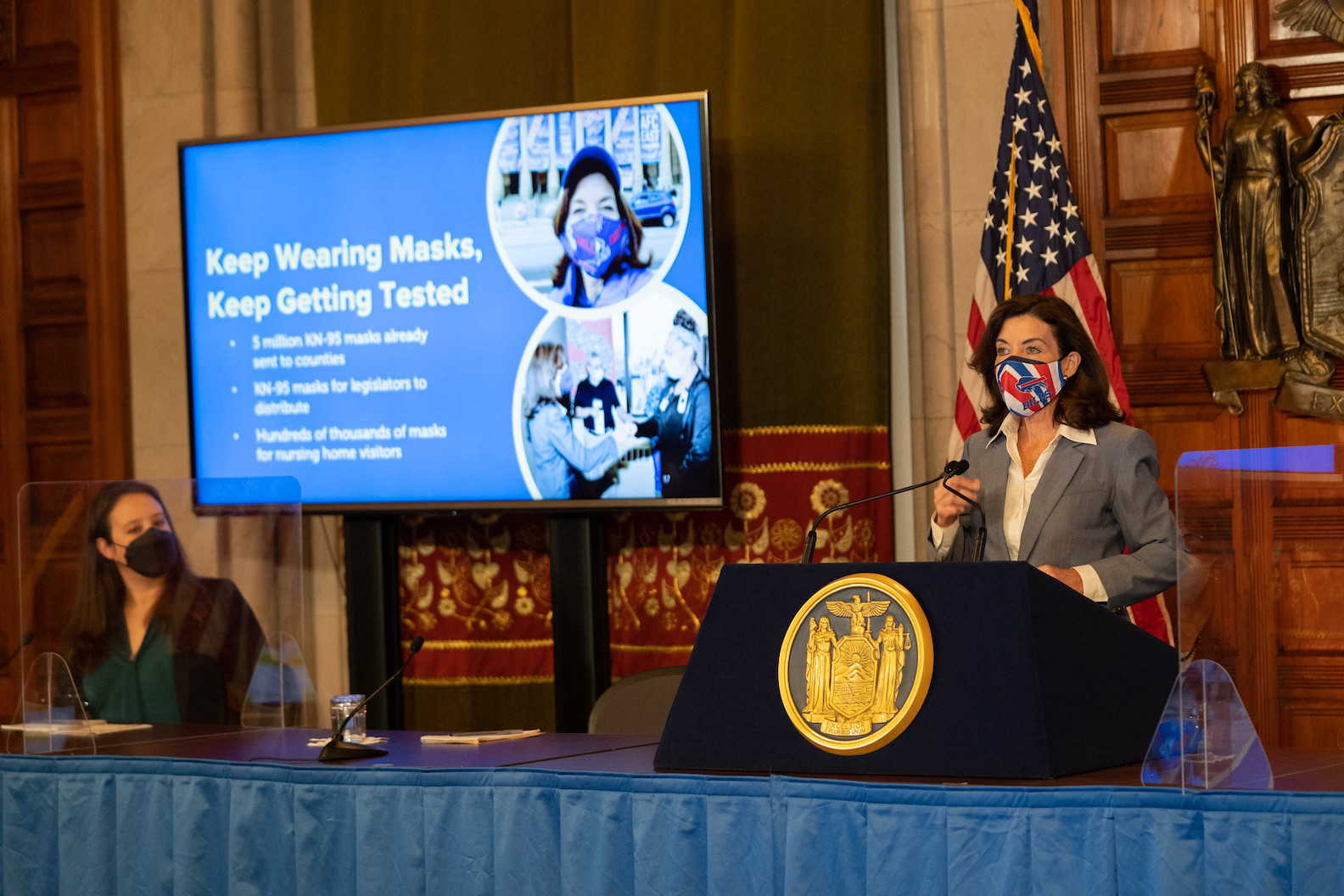 Gov. Kathy Hochul on Friday announced `Winter Surge Plan 2.0,` a new targeted effort to bolster New York's fight against the winter surge. Her plan focuses on five areas: keeping students in school, doubling down on masks and testing, preventing severe illness and death, increasing access to vaccines and boosters, and working together with local leaders. (Photo by Don Pollard/Office of Gov. Kathy Hochul)