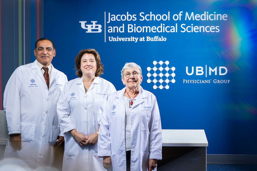 Pictured, from left: Sanjay Sethi, M.D.; Jennifer Abeles, D.O.; and Trudy Stern, N.P. (Photo credit: Douglas Levere // University at Buffalo)