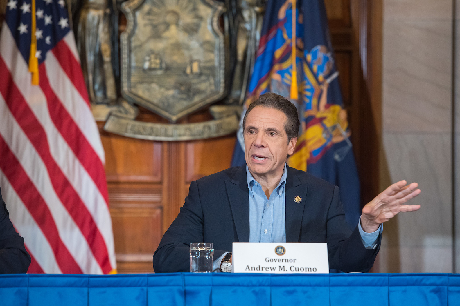 Gov. Andrew Cuomo held a briefing Sunday on the coronavirus. He called on President Donald Trump to mobilize the military/Army Corp of Engineers to build hospitals to increase capacity (Photo credit: Darren McGee/Office of Gov. Andrew Cuomo)