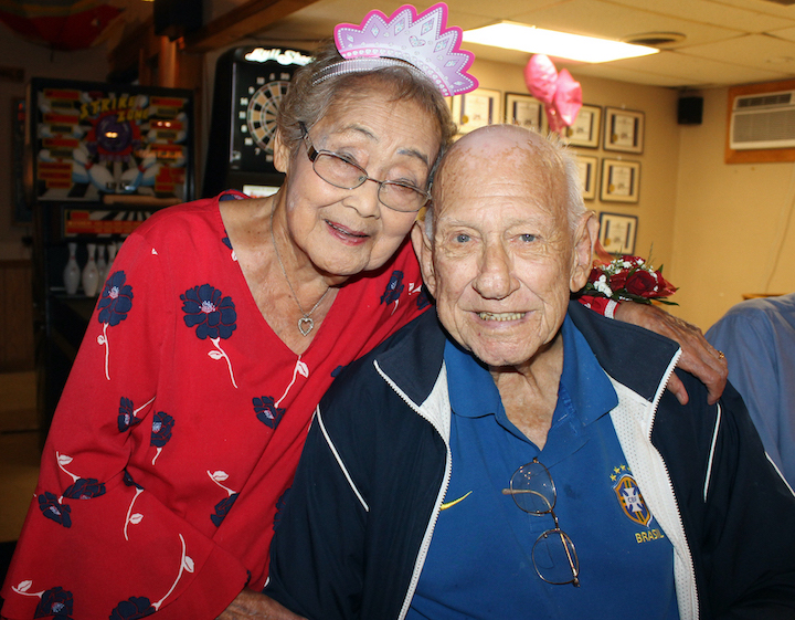 Chie and Floyd Doring enjoy her 96th birthday party at Moose Lodge 180.