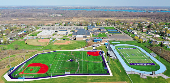The new, state-of-the art athletic facility at Grand Island High School is unveiled Monday, as seen in this aerial shot. (Photo by K& D Action Photo)