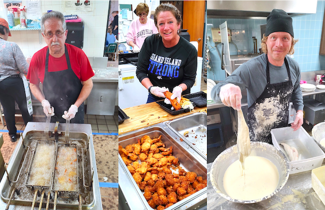 Al Ricotta is in control of carefully preparing the famous deep-fried shrimp or scallops. • As she's done for the past 30 years, Friday fish fry Chairperson Jude Kuehne prepares hundreds of takeout meals. • Volunteer Bill Sharples prepares the beer-battered fish for the deep-fryer. (Photos courtesy of Michael J. Billoni)