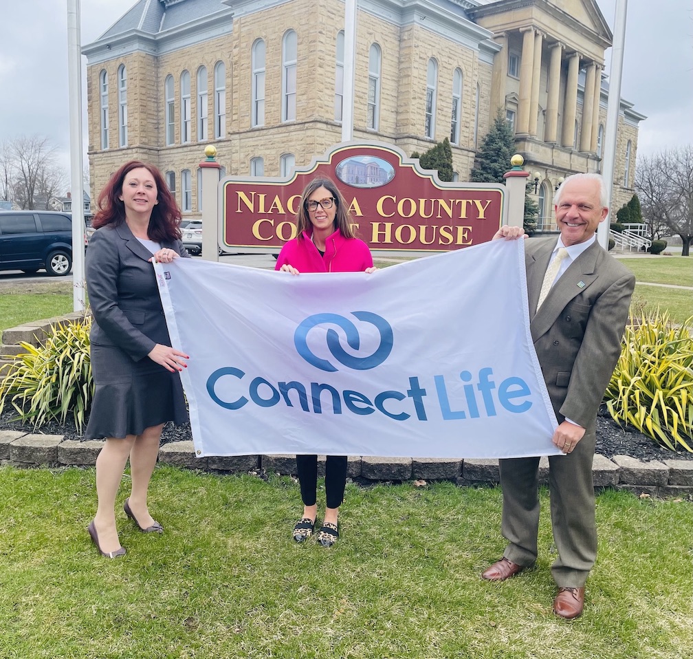 Pictured outside the Niagara County Courthouse, from left: are County Legislature Chairwoman Becky Wydysh, ConnectLife Senior Director of Marketing & Community Development Sarah Diina, and Niagara County Clerk Joe Jastrzemski. (Submitted photo) 