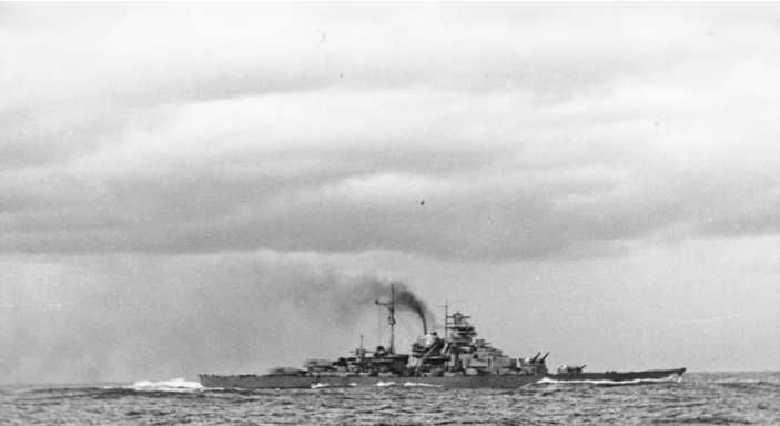 The Bismarck is seen in 1941 from the side of the German heavy cruiser, Prinz Eugen. (Photo credit: German Federal Archives)
