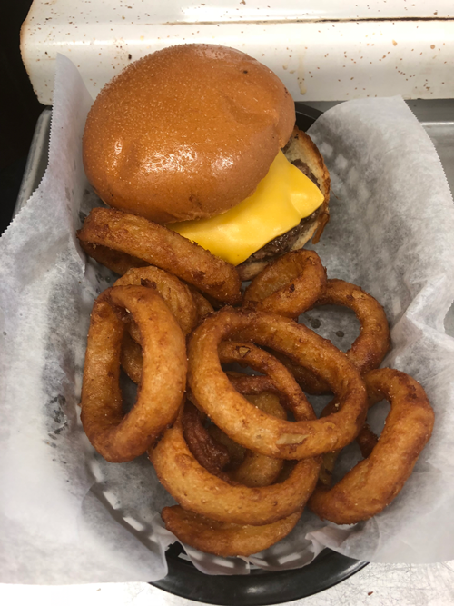 The famous `Burton Burger,` with a side of onion rings.