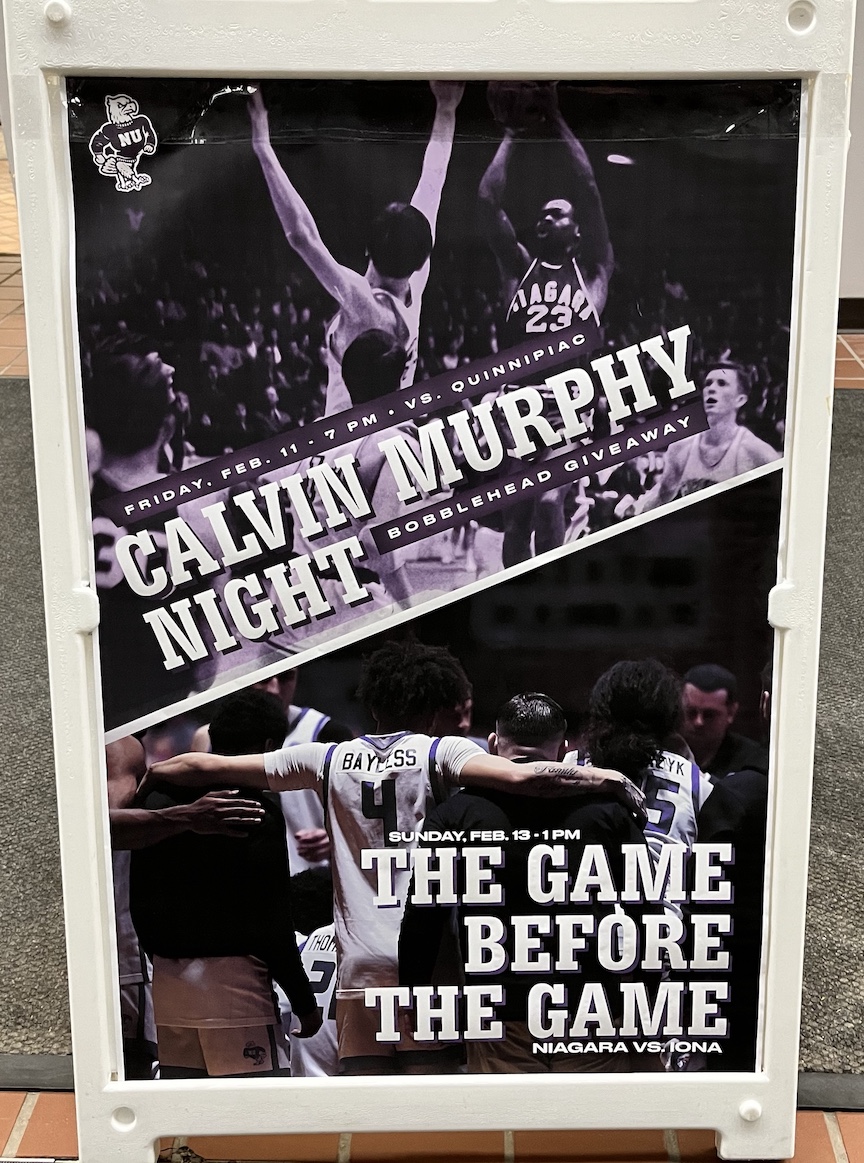 A sign inside the Gallagher Center promotes `Calvin Murphy Night.`