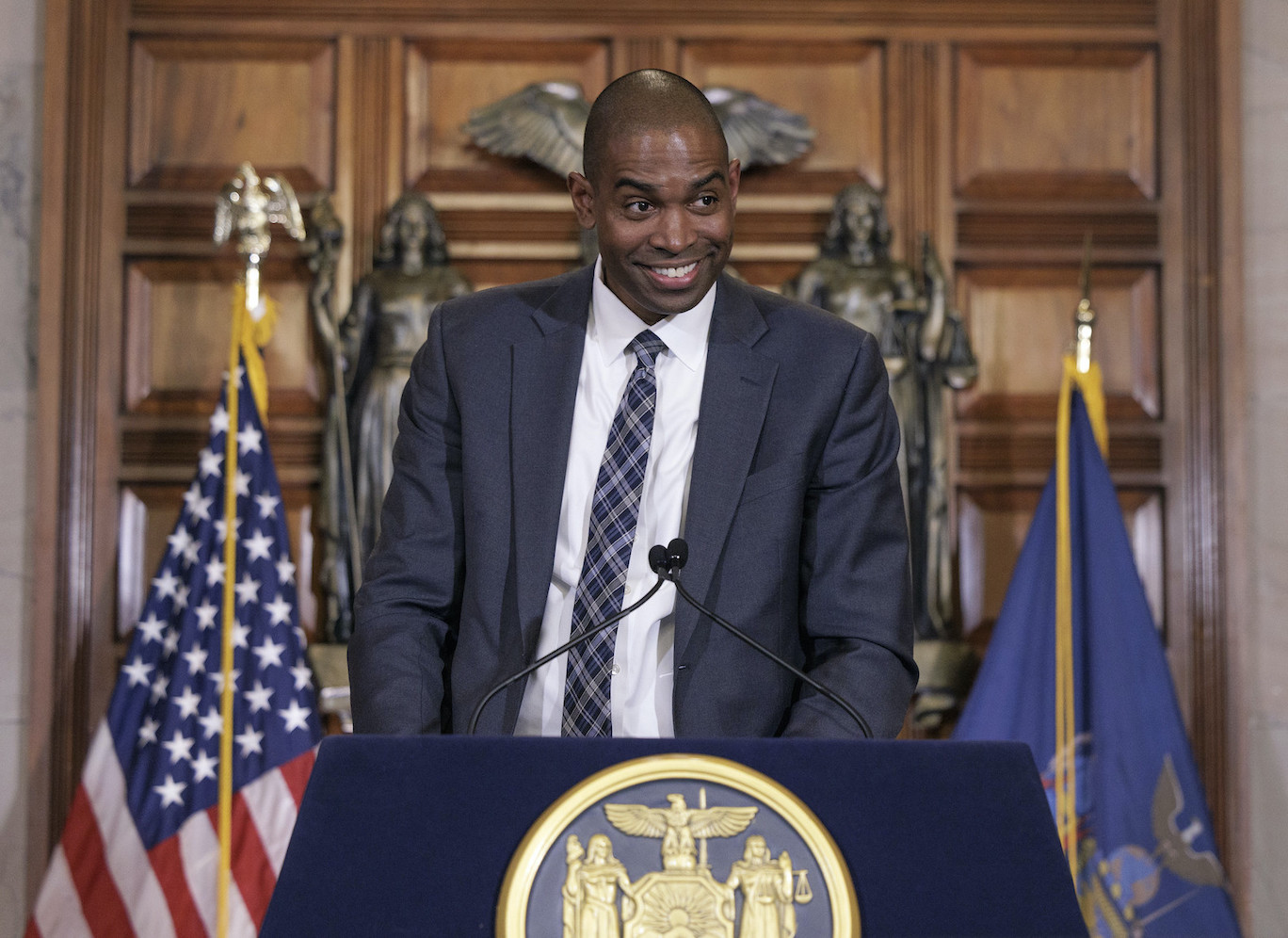 Congressman Antonio Delgado was appointed lieutenant governor. He is shown at a news conference in the Red Room at the State Capitol. (Photo by Mike Groll/Office of Gov. Kathy Hochul)