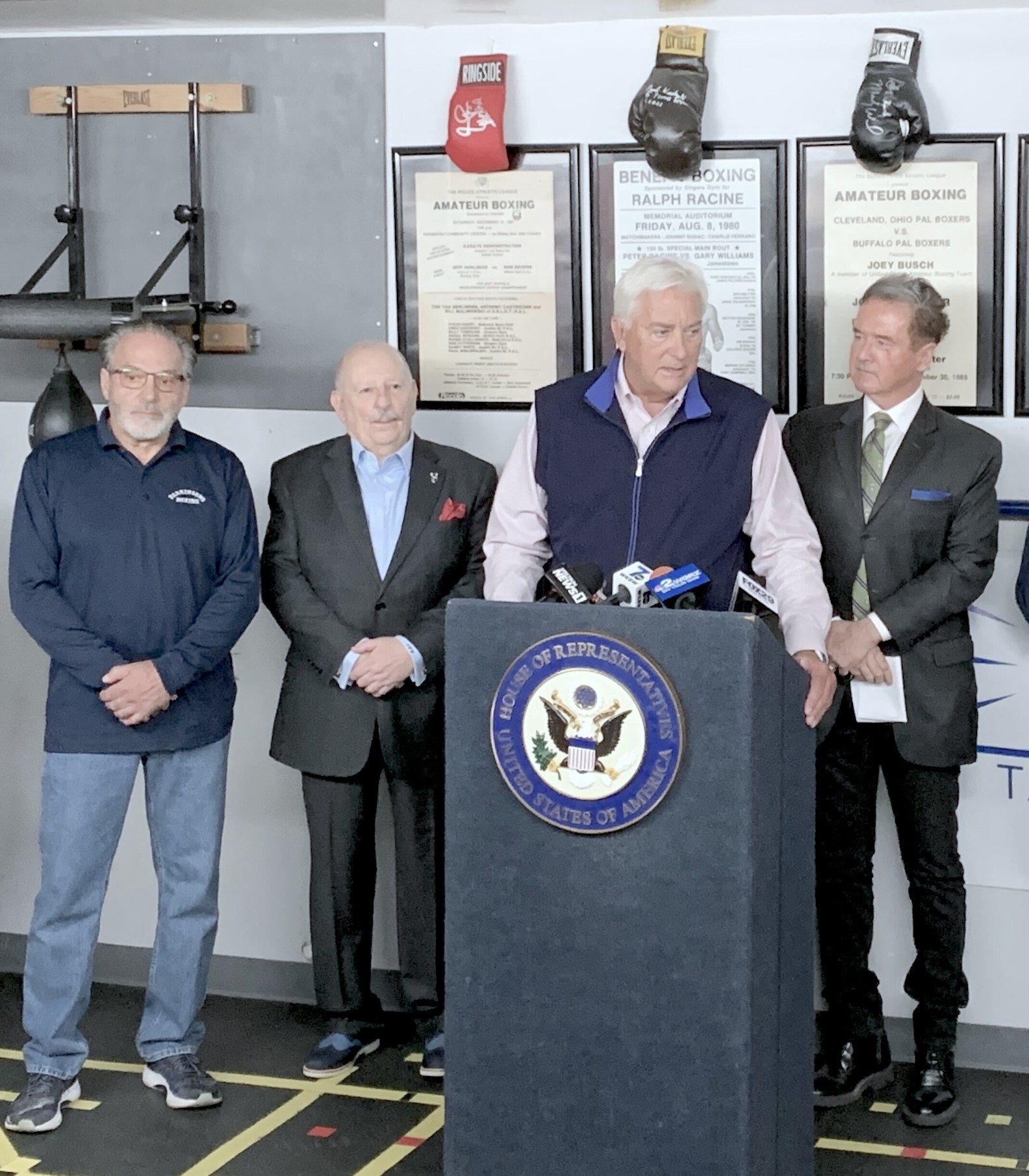 Pictured at a press conference are Parkinson's Boxing owner Dean Eoannou, Purple Heart recipient Dr. Patrick Welch, former Congressman Jack Quinn and current Congressman Brian Higgins. Parkinson's Boxing has locations in Tonawanda and Hamburg. Visit https://www.parkinsonsboxing.com/. (Submitted photo)