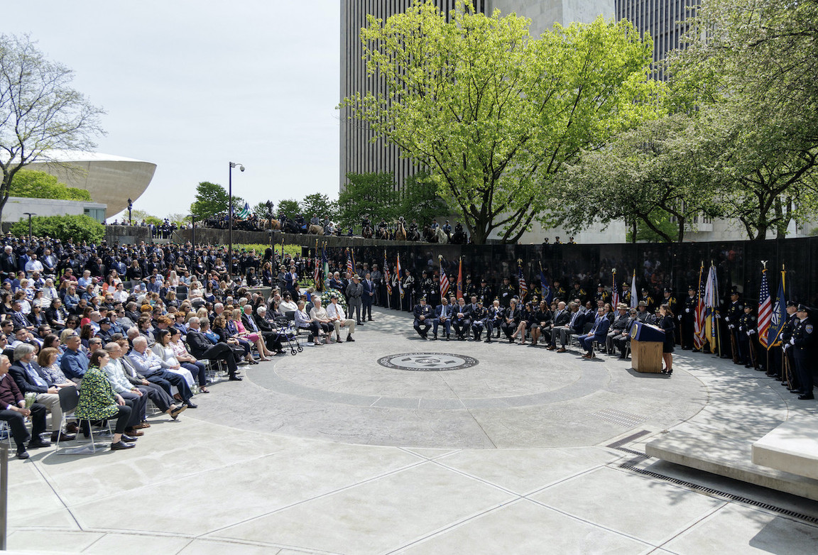 Gov. Kathy Hochul delivered remarks at the New York State Police Officers Memorial ceremony in Albany. (Photo by Mike Groll/Office of Gov. Kathy Hochul)