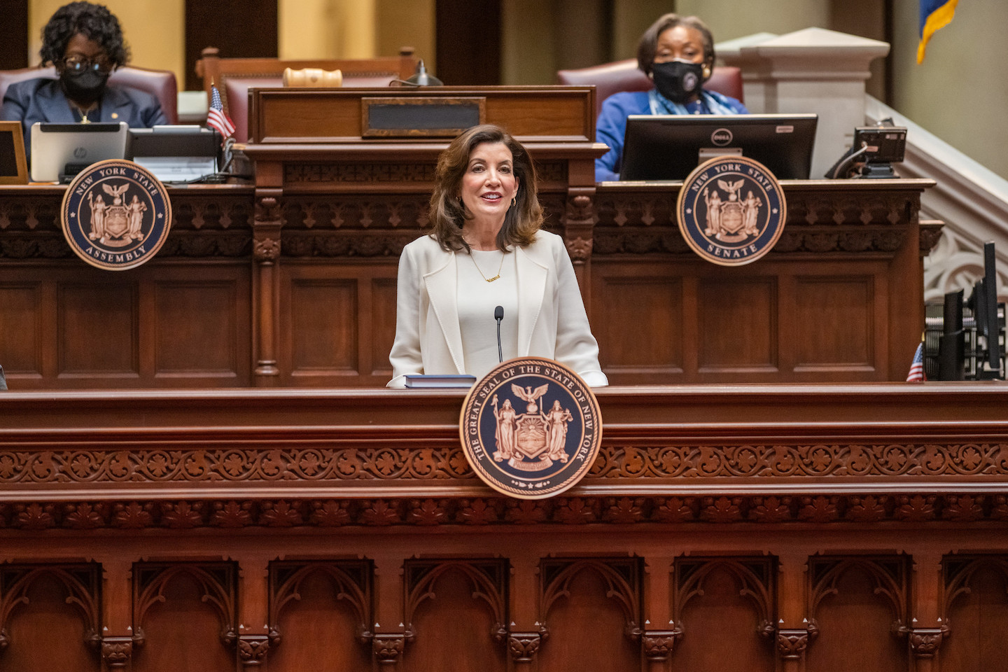 Gov. Kathy Hochul delivers the 2022 State of the State address in the Assembly Chamber at the State Capitol. (Photo by Darren McGee/Office of Gov. Kathy Hochul)