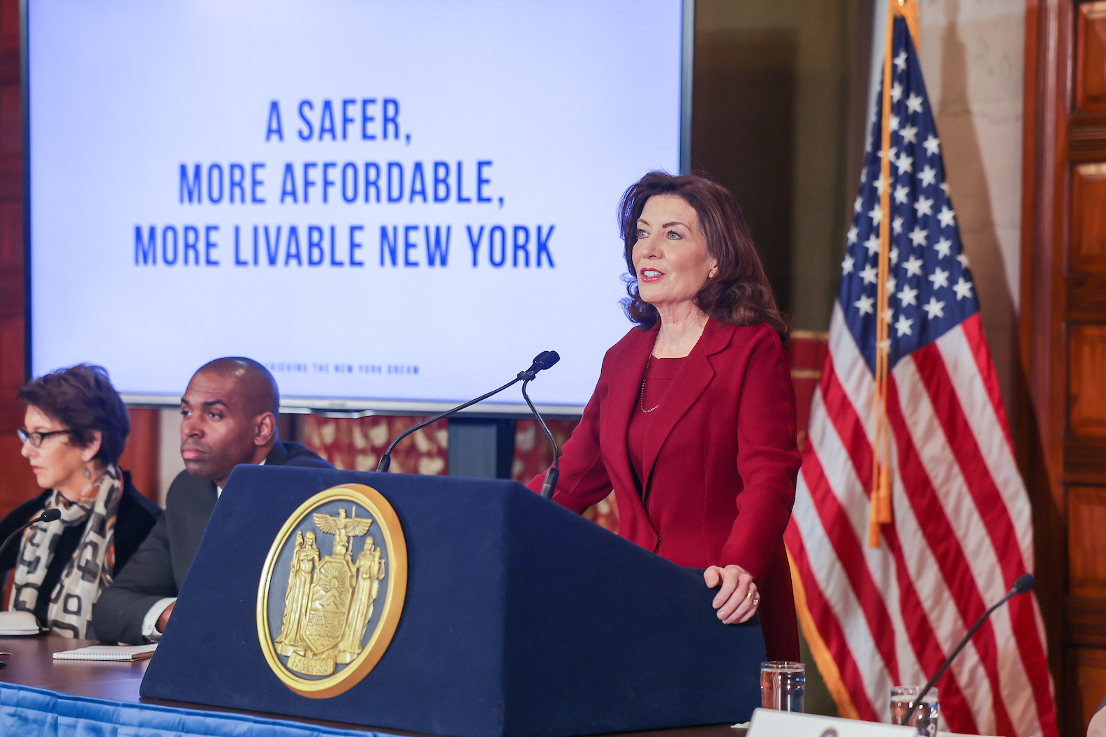 Gov. Kathy Hochul presents her fiscal year 2024 executive budget proposal in the Red Room at the State Capitol. (Photo by Mike Groll/Office of Gov. Kathy Hochul)