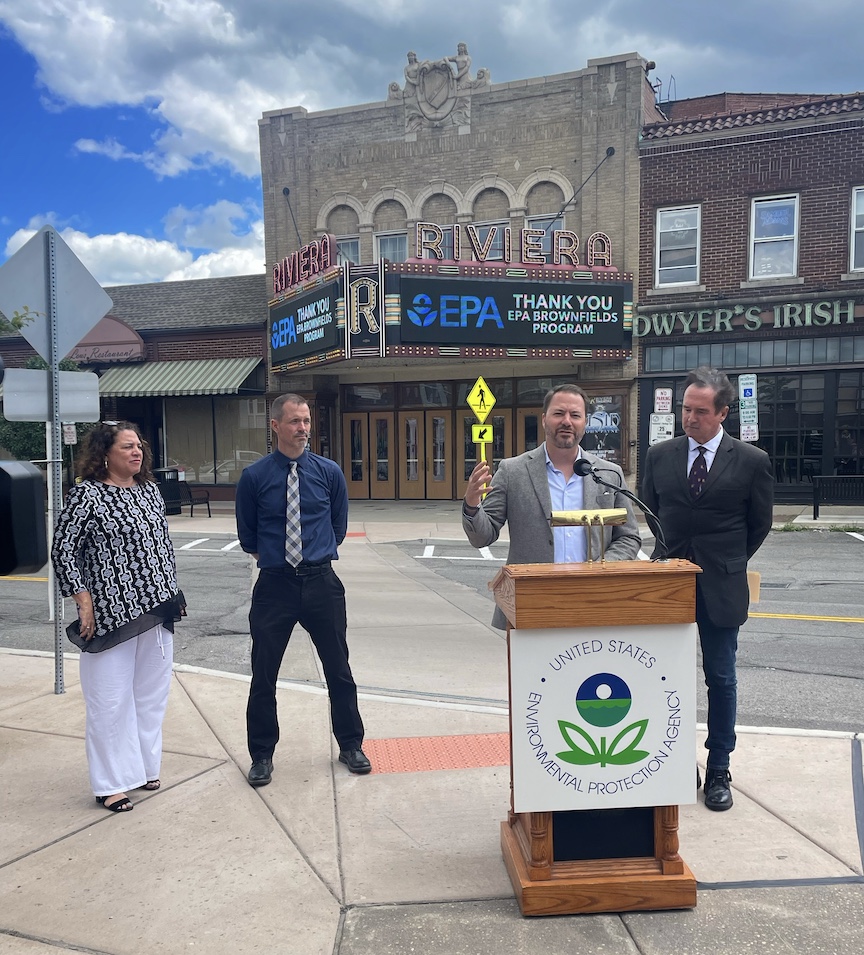 Environmental Protection Agency Regional Administrator Lisa F. Garcia and Acting Regional Director for NYSDEC Region 9 Chad Staniszewski, left, join New York State Sen. Rob Ortt and Congressman Brian Higgins at a press conference Monday outside of the Historic Riviera Theatre in North Tonawanda. (Photo courtesy of Ortt's team)