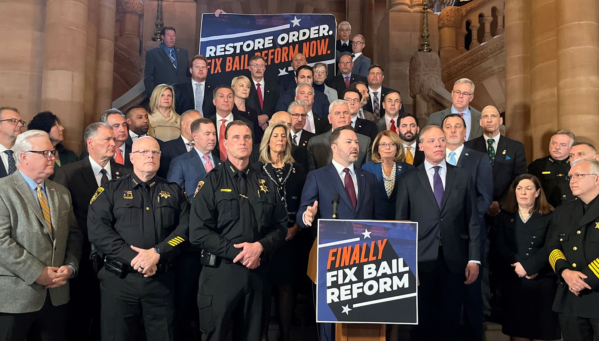 Pictured, at the podium: Senate Republican Leader Rob Ortt with legislative colleagues and law enforcement. (Submitted photo)